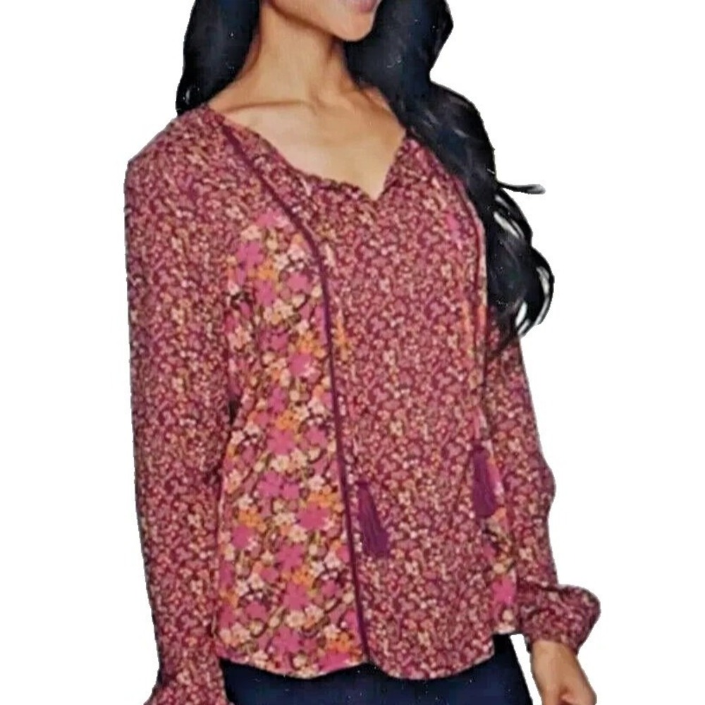 prAna Womens Floral Boho Peasant Tasseled Blouse Long Sleeve Top Pink Medium